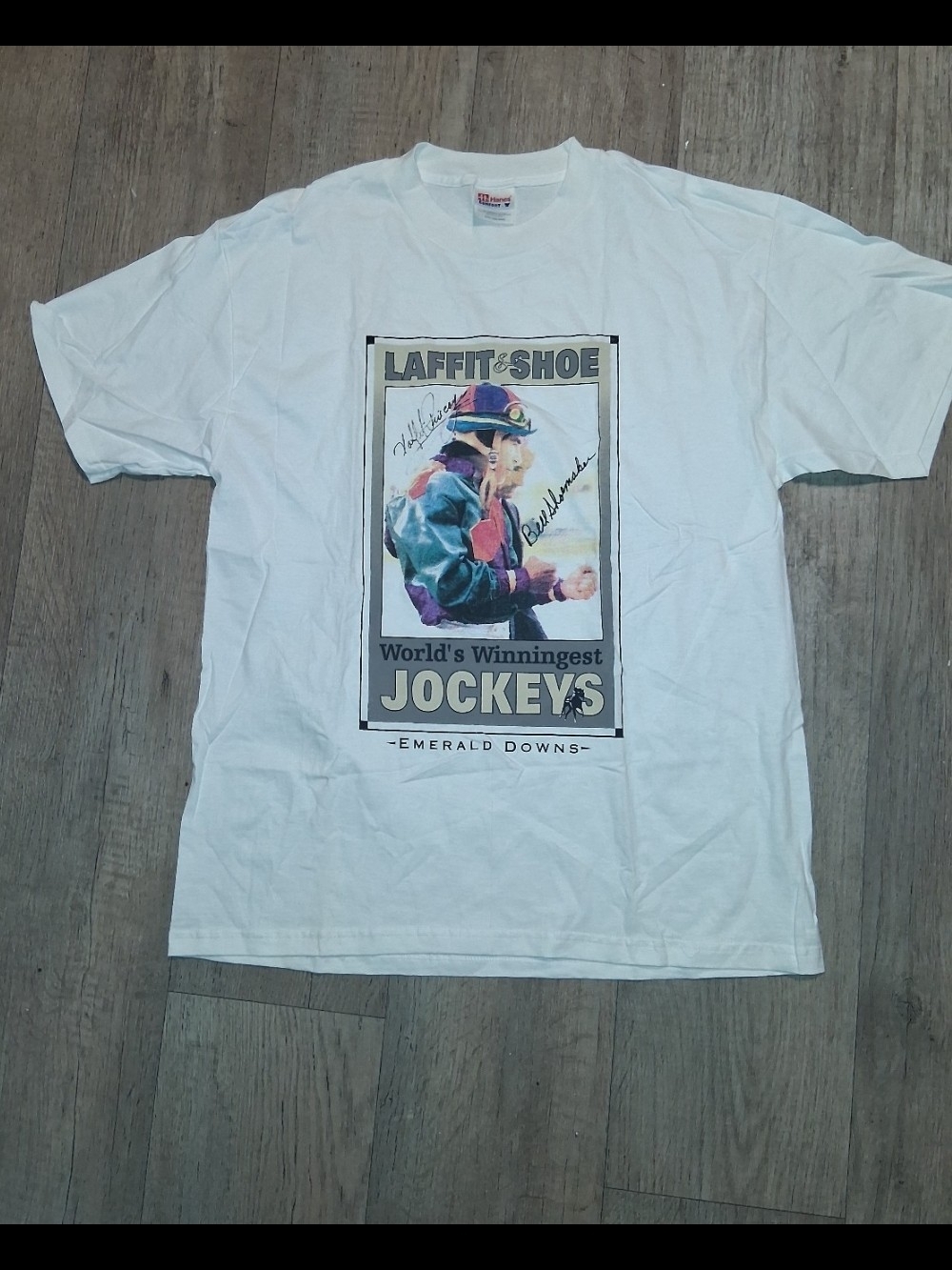 VTG Laffit & Shoe World's Winningest Jockeys T-Shirt Emerald Downs Mens size L